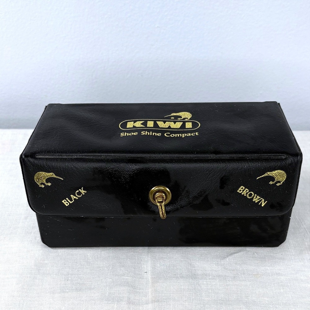 Vintage Kiwi Shoe Shine Compact Kit Black Faux Leather Case Western Germany